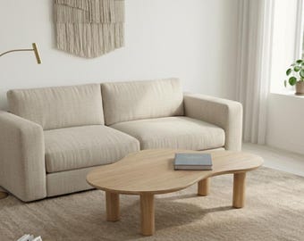 Mesa de centro Japandi em carvalho, mesa de madeira com formato orgânico, mesa minimalista para sala de estar.