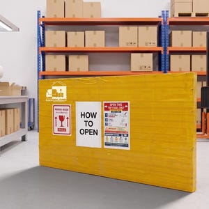 Pode incluir: Um grande pacote retangular embrulhado em fita amarela com tr&ecirc;s etiquetas. As etiquetas incluem um log&oacute;tipo Woodland, um aviso de espelho fr&aacute;gil e um sinal branco com o texto HOW TO OPEN e instru&ccedil;&otilde;es para abrir o painel superior.