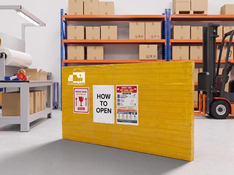 Pode incluir: Um grande pacote retangular embrulhado em fita amarela com tr&ecirc;s etiquetas. As etiquetas incluem um log&oacute;tipo Woodland, um aviso de espelho fr&aacute;gil e um sinal branco com o texto HOW TO OPEN e instru&ccedil;&otilde;es para abrir o painel superior.