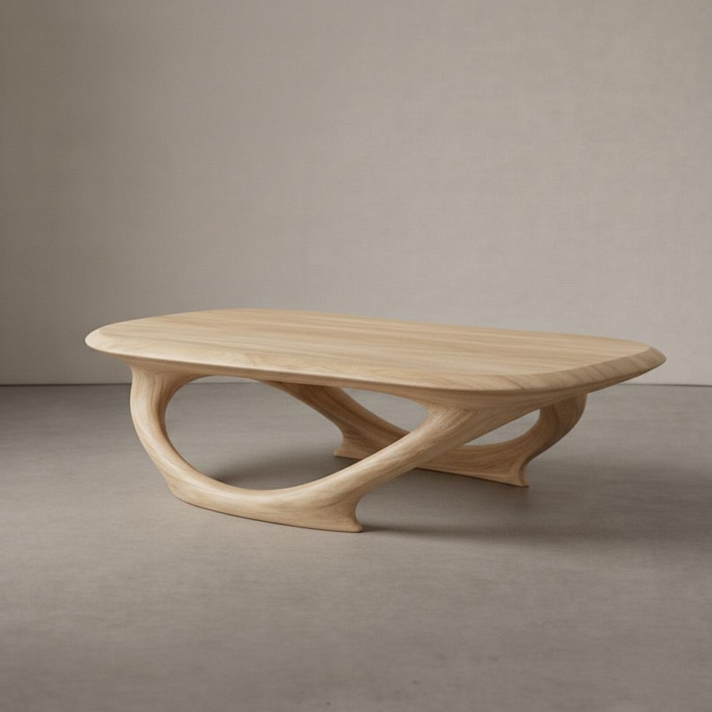 May include: A low-profile coffee table crafted from light-toned wood, featuring a smooth, oval-shaped tabletop and a continuous, sculptural base that curves inward to form a singular, fluid support structure with an open, hollow center design.