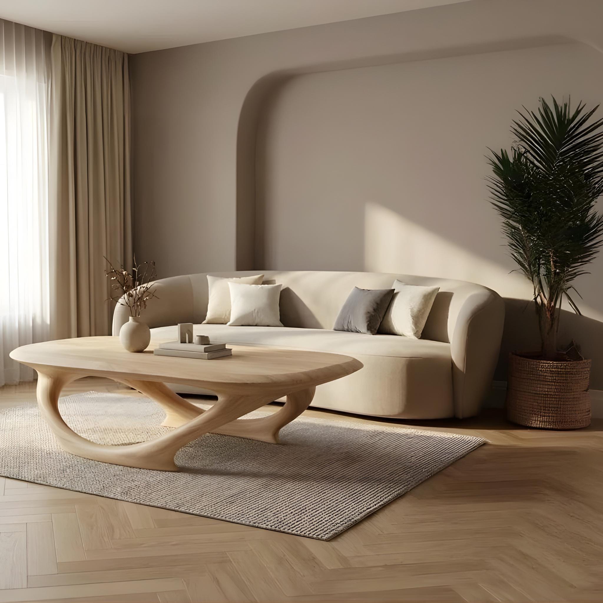 Organic Oak Coffee Table – Low Profile, Sculptural Base, Japandi