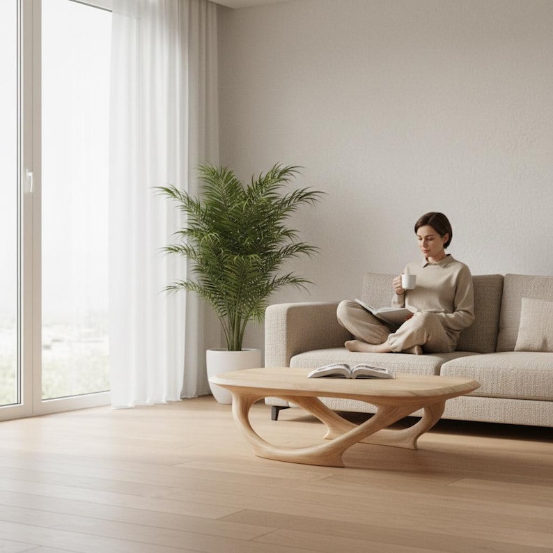 May include: A light-colored wooden coffee table with a smooth, oval-shaped top and a sculptural, curved base. The table is positioned in a room with light wood flooring, a beige sofa, and a green potted plant in a white ceramic planter.