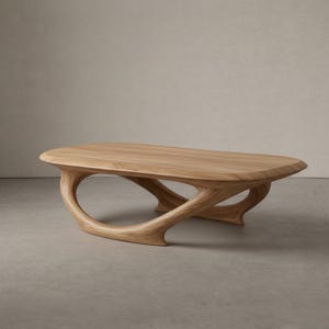 May include: A low coffee table crafted from light-toned wood with a smooth, oval-shaped tabletop. The base features a continuous, fluid, and sculptural design that curves upward to support the top, creating an open, airy, and organic silhouette.