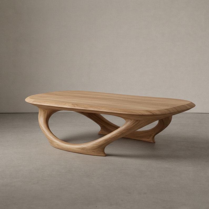 May include: A low coffee table crafted from light-toned wood with a smooth, oval-shaped tabletop. The base features a continuous, fluid, and sculptural design that curves upward to support the top, creating an open, airy, and organic silhouette.