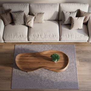 May include: A beige three-cushion sofa with various brown and beige throw pillows sits above a wooden coffee table with an irregular, organic shape. A small green potted plant rests on the table, which is placed on a textured gray area rug.