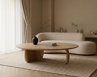 Mesa de centro escultural de roble macizo, muebles de salón de estilo japonés moderno y orgánico.