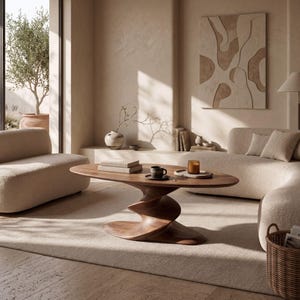 Puede incluir: Una mesa de centro de madera oscura con tablero ovalado y una base escultural en espiral. La mesa está situada en una habitación con muebles claros, un tapiz texturizado y un gran ventanal. Dos libros, una taza oscura y una vela sobre ella.
