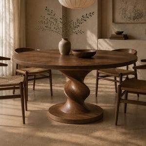 Peut inclure: Une table à manger ronde en bois avec un pied central en spirale, accompagnée de quatre chaises en bois dotées de dossiers incurvés et d'assises tressées. Un vase en céramique avec de la verdure et un bol en bois sont posés sur la table.