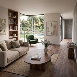 Pode incluir: Uma sala de estar com um sof&aacute; bege com almofadas texturizadas, uma grande mesa de centro de madeira de forma org&acirc;nica com um livro e um copo, uma poltrona verde, uma estante alta de madeira e uma mesa lateral a condizer sobre um tapete de juta.