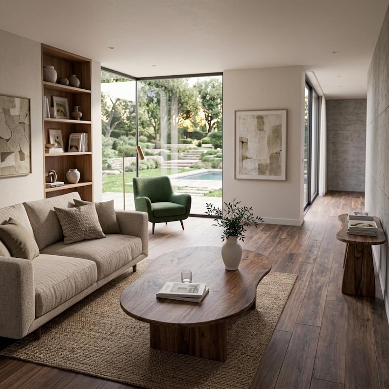 Pode incluir: Uma sala de estar com um sof&aacute; bege com almofadas texturizadas, uma grande mesa de centro de madeira de forma org&acirc;nica com um livro e um copo, uma poltrona verde, uma estante alta de madeira e uma mesa lateral a condizer sobre um tapete de juta.