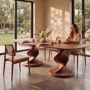 Può includere: Un grande tavolo da pranzo in legno con un piano ovale liscio sostenuto da due basi a piedistallo scultoree a spirale. Il tavolo è accompagnato da quattro sedie con sedute imbottite chiare e schienali in paglia di Vienna con telaio in legno.