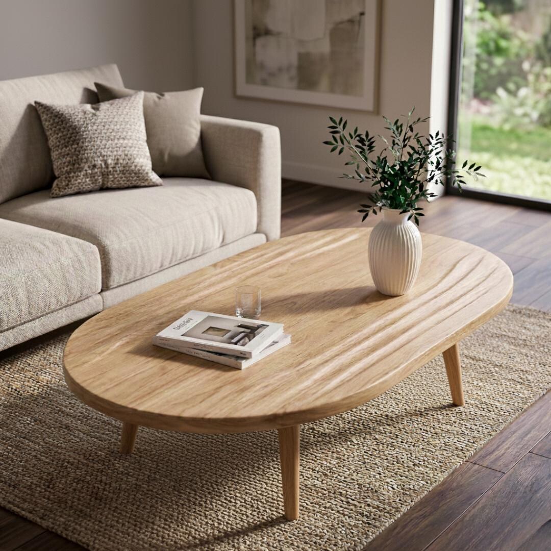 Solid Oak Coffee Table – Oval Japandi Minimalist Design for Modern Living Room