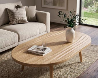 Solid Oak Coffee Table – Oval Japandi Minimalist Design for Modern Living Room