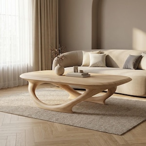 Organic Oak Coffee Table – Low Profile, Sculptural Base, Japandi Style