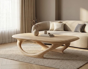 Organic Oak Coffee Table – Low Profile, Sculptural Base, Japandi Style