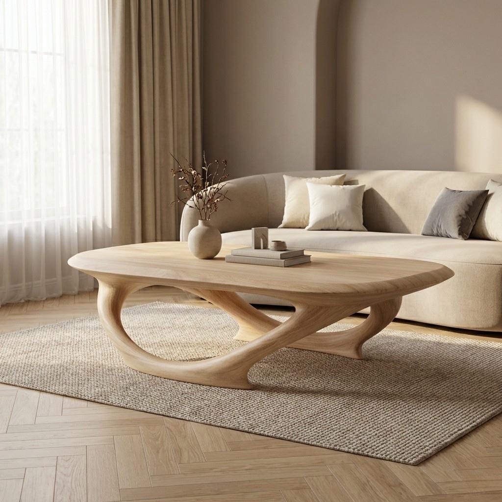 Organic Oak Coffee Table – Low Profile, Sculptural Base, Japandi
