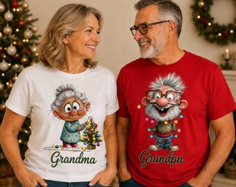 Grandma Grandpa Christmas Shirts, Vintage Character Holiday Matching Tops