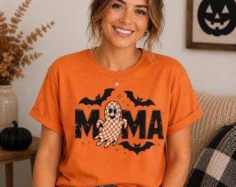 Halloween Mama Shirt, Checkered Ghost Tee, Spooky Fall Mom Apparel