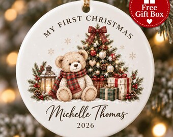Personalized Baby's First Christmas Ornament, Teddy Bear Keepsake (Ceramic)