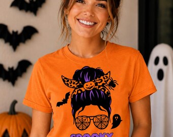 Spooky Mama Messy Bun Halloween Shirt, Pumpkin Ghost Graphic Tee