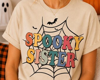 Retro Spooky Sister Halloween Shirt, Matching Spiderweb Tee