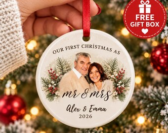 Personalized Couple Photo Ceramic Ornament, First Christmas Keepsake (Heart or Round)
