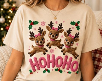 Christmas Reindeer Shirt, Crochet Style Holiday Tee, Festive HoHoHo Print