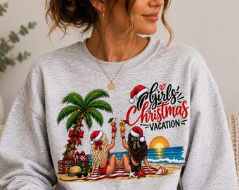 Girls Tropical Christmas Vacation Sweatshirt, Palm Tree Beach Santa Hats
