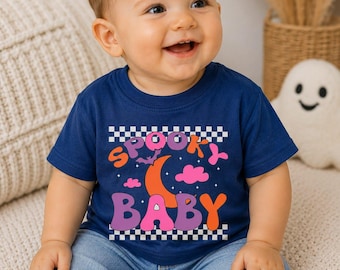 Retro Spooky Baby Halloween Shirt, Moon Clouds Bats Toddler Tee
