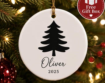 Adorno navideño de cerámica personalizado, recuerdo para el árbol con nombre personalizado (Caja de regalo)