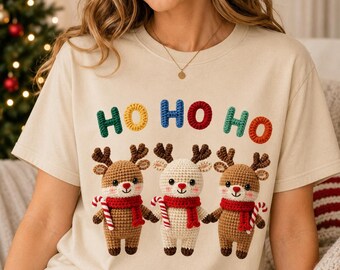 Crochet-Style Reindeer Christmas Tee: Festive Ho Ho Holiday Shirt