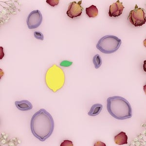 Peut inclure: Composition à plat sur une surface rose avec une découpe jaune en forme de citron avec une feuille verte, entourée de plusieurs emporte-pièces violets en forme d'ovale et de roses séchées. Des brins de fleurs blanches et des pétales de rose sont dispersés autour des objets.