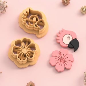 Cortadores de galletas de loro e hibisco – Juego de 2 cortadores de arcilla polimérica – Borlas para joyería DIY – Tema tropical veraniego – 30 a 60 mm – EP-260 –