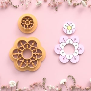 Puede incluir: Se muestran tres cortadores de galletas con forma de flor. Dos son amarillos, uno es una forma de flor completa y el otro es un círculo más pequeño. El tercero es una forma de flor rosa y blanca. El fondo es rosa con acentos florales.