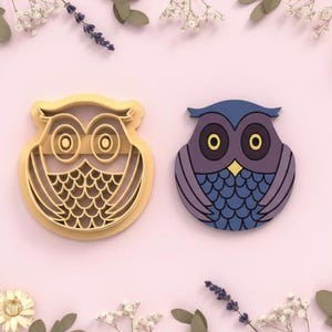 Puede incluir: Un cortador de galletas con forma de búho junto a una decoración con forma de búho terminada. El cortador de galletas es de color beige, y la decoración es azul, morada y amarilla. El fondo es rosa claro con detalles florales.