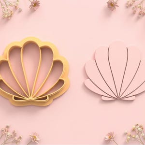 May include: Two seashell-shaped cookie cutters in shades of pink and yellow. One cutter is a solid pink shape, and the other is a yellow outline. The cutters are on a pink background, decorated with small flowers.