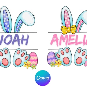 Puede incluir: Ilustración con temática de Pascua con orejas de conejo, huellas de patas y huevos decorados. Los nombres "Noah" y "Amelia" están escritos. Un lazo amarillo adorna un par de orejas. Flores y un logotipo de Canva.