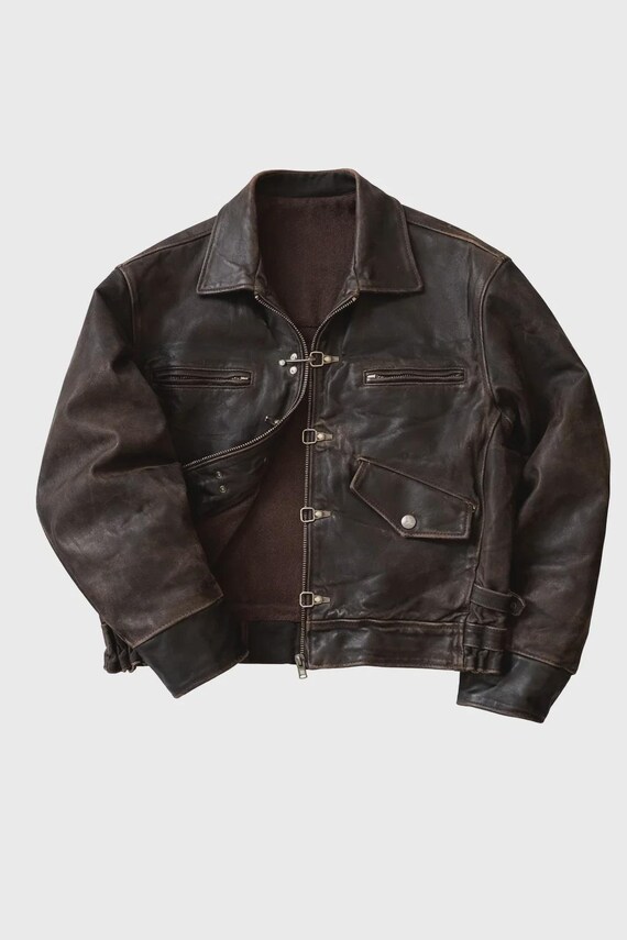 ジャケット・アウター vintage leather fireman jacket brown Vintage Brown Leather Jacket Fireman Clasp Bomber for Unisex - Etsy