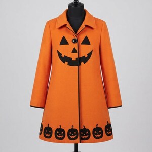 Women’s Orange Halloween Coat – Pumpkin Jack O Lantern Wool Coat Spooky Fall Outerwear