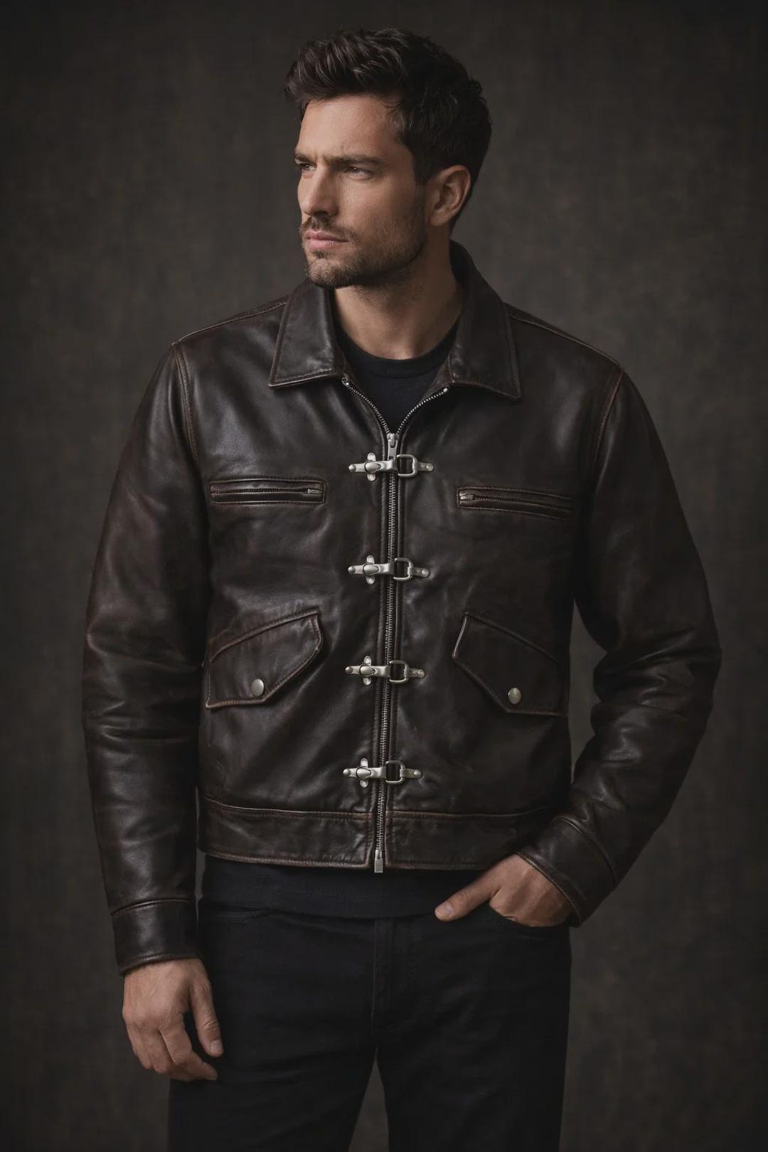 ジャケット・アウター vintage leather fireman jacket brown Vintage Brown Leather Jacket Fireman Clasp Bomber for Unisex - Etsy