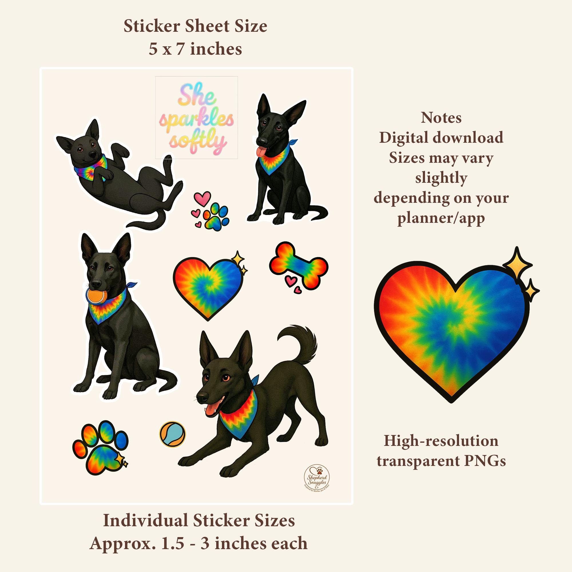 Sofly Sticker Mocha German Shepherd Sticker Sheet | Pastel Tie-dye Dog Stickers ...