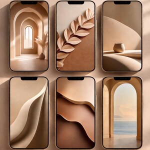 May include: A collection of six smartphones displaying neutral minimal wallpaper designs. The wallpapers feature abstract architectural and natural forms in shades of beige and brown. The text "SOFT STRUCTURE" and "neutral minimal wallpaper set" are at the top.
