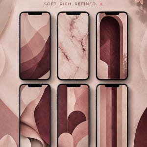Puede incluir: Seis teléfonos inteligentes que muestran diseños de fondos de pantalla digitales en tonos rubor, malva y borgoña intenso. El texto dice ECHO ESSENTIALS BLUSH SOFT. RICH. REFINED. DIGITAL DOWNLOAD LINK IN BIO Echo by J. Flores rosas de fondo.