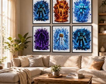 Ensemble de 6 affiches de jeux vidéo en pixel art, style blocs, décoration murale, chambre de gamer pour enfant, téléchargement numérique A4