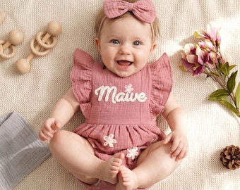 Personalisierter Baby-Strampler mit individuellem Namen, Rüschen-Strampler, Musselin Baumwoll-Blasen-Strampler, bestickter Outfit Baby-Sommer, Neugeborenen Geschenk