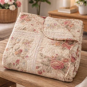 May include: A folded floral quilt featuring a cream background with a pattern of pink and red roses, green leaves, and other flowers. The quilt is on a wooden table, showcasing its detailed design and soft texture. The quilt is approximately 60 inches by 80 inches.