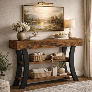 May include: A rustic console table with a dark wood top and black curved legs. The table has two shelves with woven baskets and decorative items. A landscape painting hangs above the table, and a lamp sits on the right side.