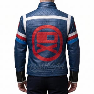 May include: A blue leather jacket with a quilted pattern on the shoulders and back. The jacket features white stripes, red and blue accents on the sleeves, and a large red graphic on the back. The jacket has black cuffs.