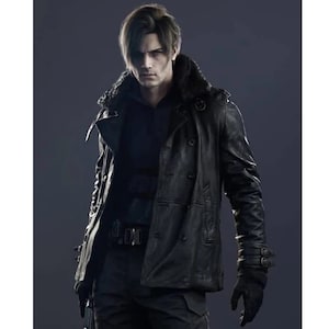 May include: A black leather jacket with a fur collar, worn over a black shirt and trousers. The jacket has a double-breasted design and is paired with black gloves. The person is standing in front of a dark background.
