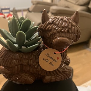 May include: A brown ceramic Highland cow planter with a green succulent plant. The planter has a shaggy texture and small horns. A round tag with the words "Handmade with love" is attached.